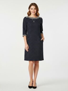 Boden Justine Jacquard Dress Quilted Dark Navy Blue Polka‎ Dot Shift Dress Sz 2R